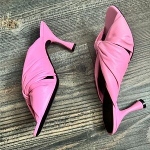 BALENCIAGA Drapy Pink Leather Peep Toe Mules in size 9 (39
